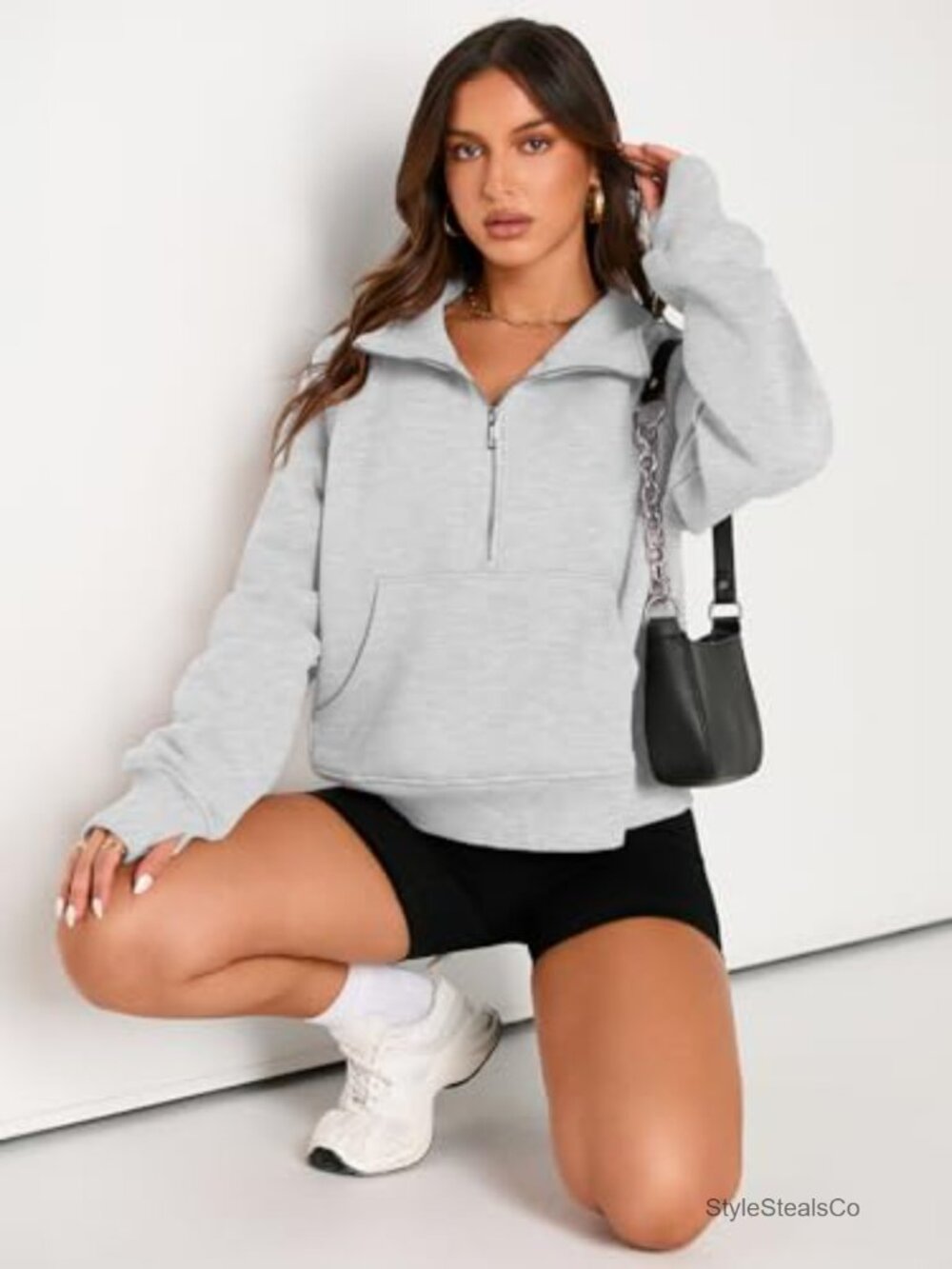 Warm Fleece Half Zip Pullover with Thumb Holes Kangaroo Pocket - Picture 3 of 6